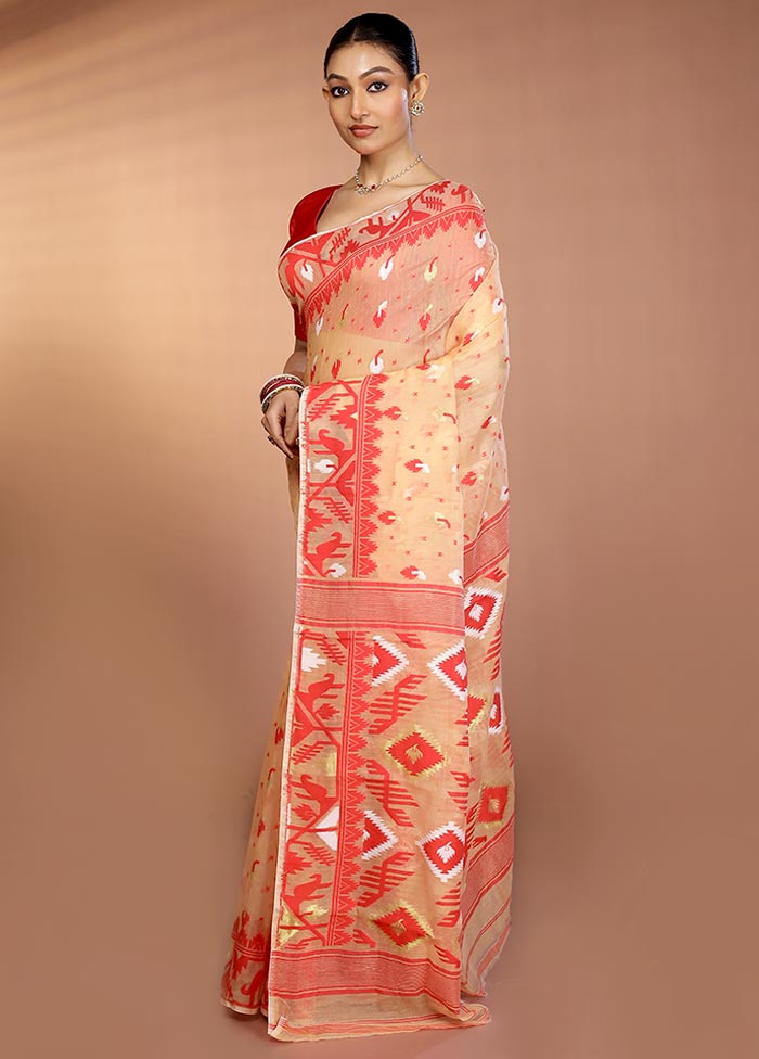 Peach Tant Jamdani Saree Without Blouse Piece