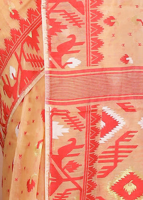 Peach Tant Jamdani Saree Without Blouse Piece