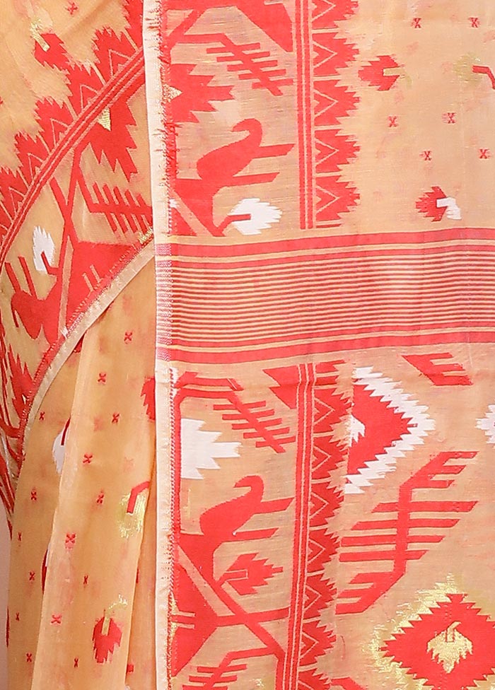 Peach Tant Jamdani Saree Without Blouse Piece