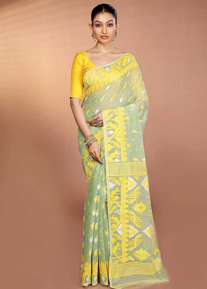 Green Tant Jamdani Saree Without Blouse Piece