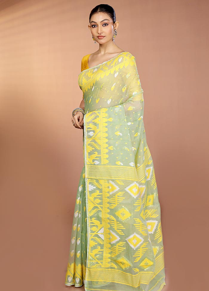 Green Tant Jamdani Saree Without Blouse Piece
