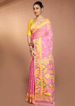 Pink Tant Jamdani Saree Without Blouse Piece