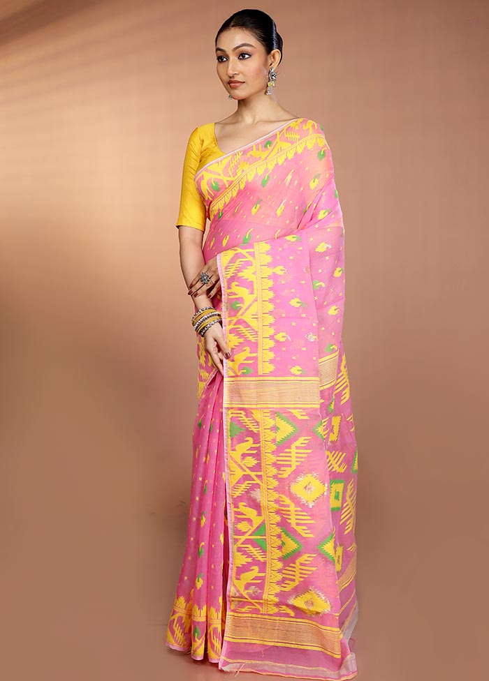Pink Tant Jamdani Saree Without Blouse Piece