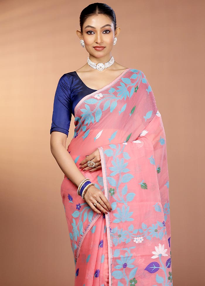 Pink Tant Jamdani Saree Without Blouse Piece