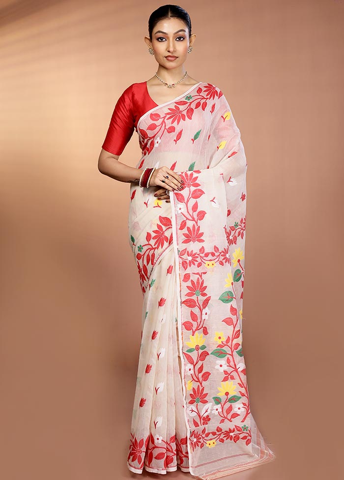 Cream Tant Jamdani Saree Without Blouse Piece