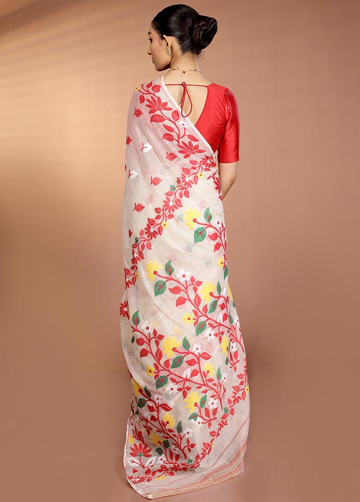 Cream Tant Jamdani Saree Without Blouse Piece