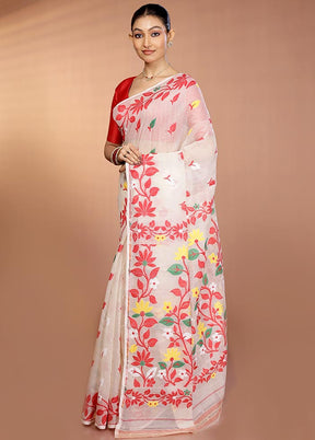 Cream Tant Jamdani Saree Without Blouse Piece