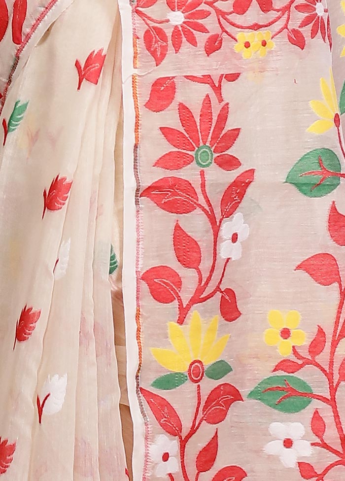 Cream Tant Jamdani Saree Without Blouse Piece