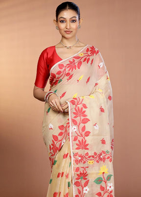 Cream Tant Jamdani Saree Without Blouse Piece