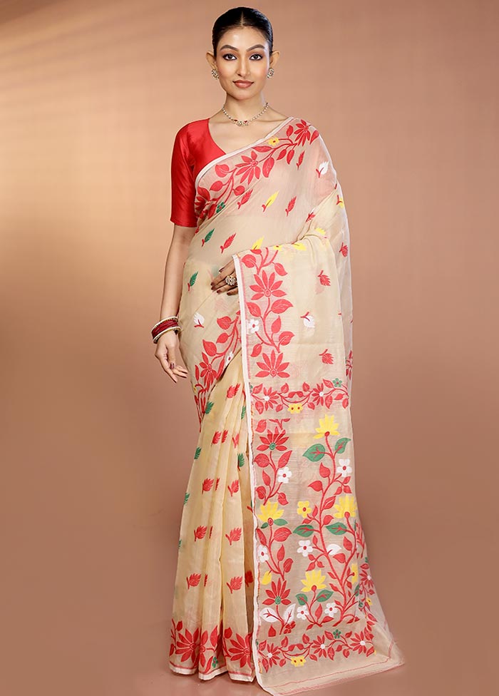 Cream Tant Jamdani Saree Without Blouse Piece