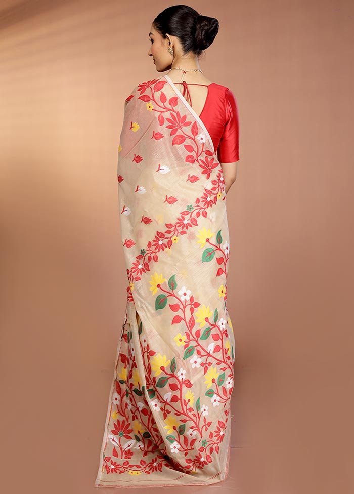 Cream Tant Jamdani Saree Without Blouse Piece