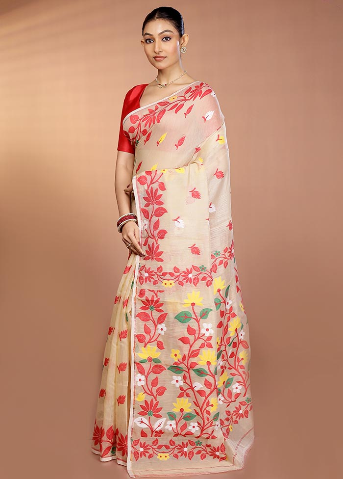 Cream Tant Jamdani Saree Without Blouse Piece