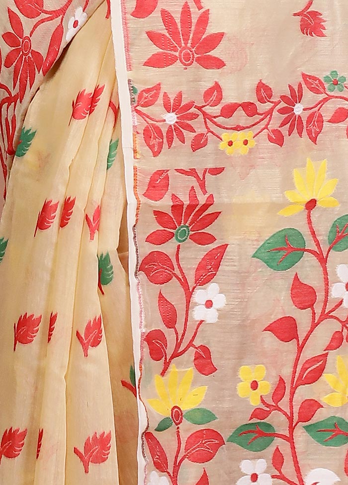 Cream Tant Jamdani Saree Without Blouse Piece