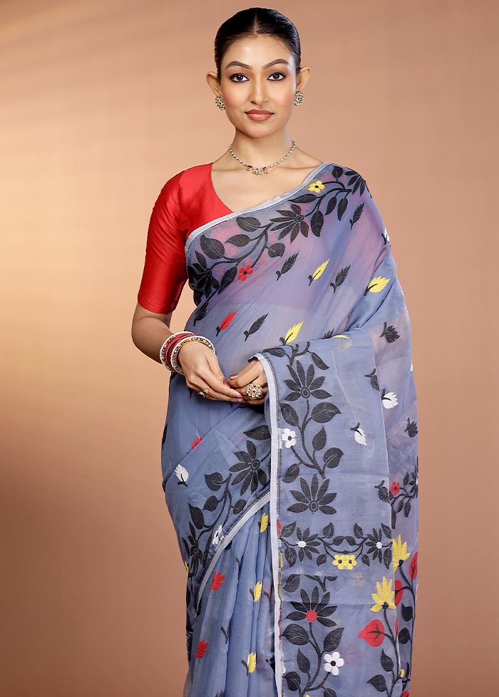 Blue Tant Jamdani Saree Without Blouse Piece
