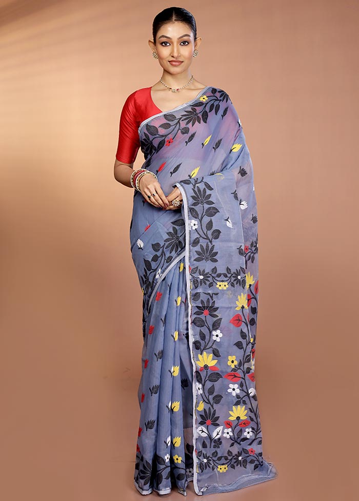 Blue Tant Jamdani Saree Without Blouse Piece