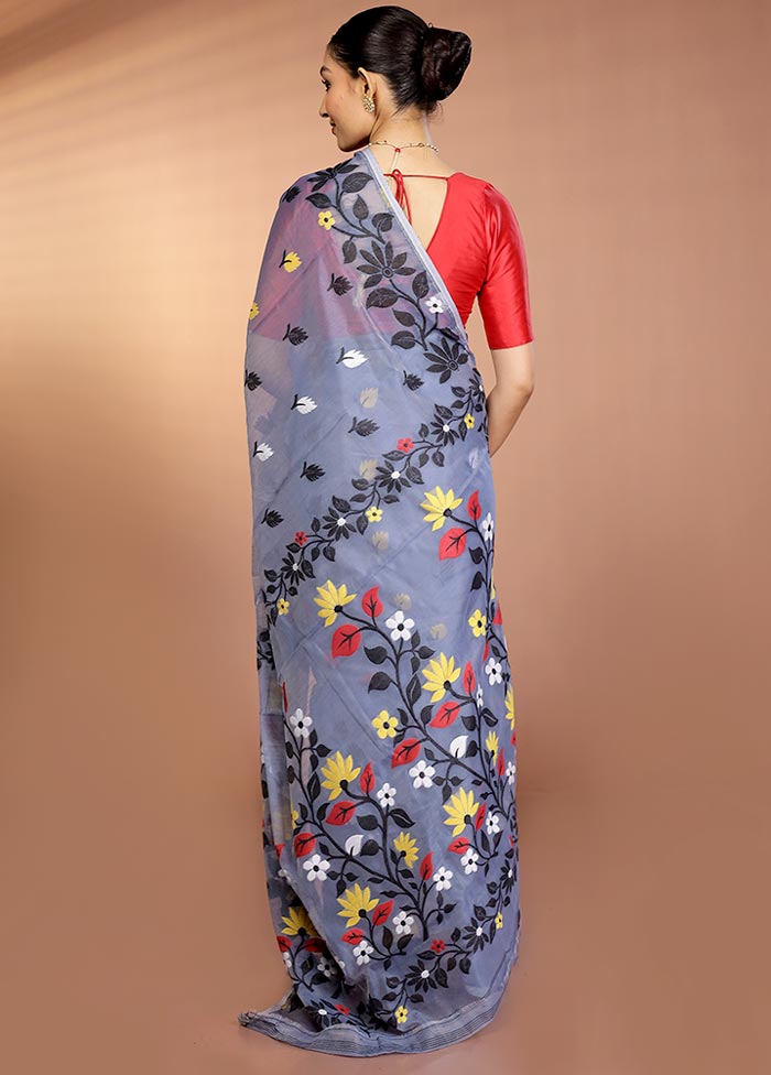 Blue Tant Jamdani Saree Without Blouse Piece