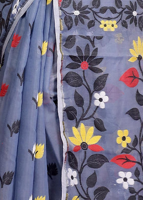 Blue Tant Jamdani Saree Without Blouse Piece