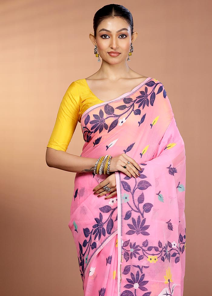 Pink Tant Jamdani Saree Without Blouse Piece