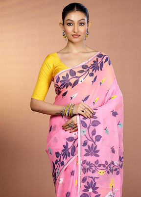 Pink Tant Jamdani Saree Without Blouse Piece
