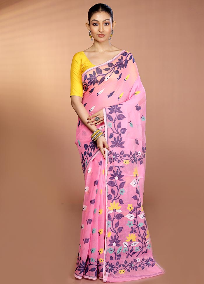 Pink Tant Jamdani Saree Without Blouse Piece