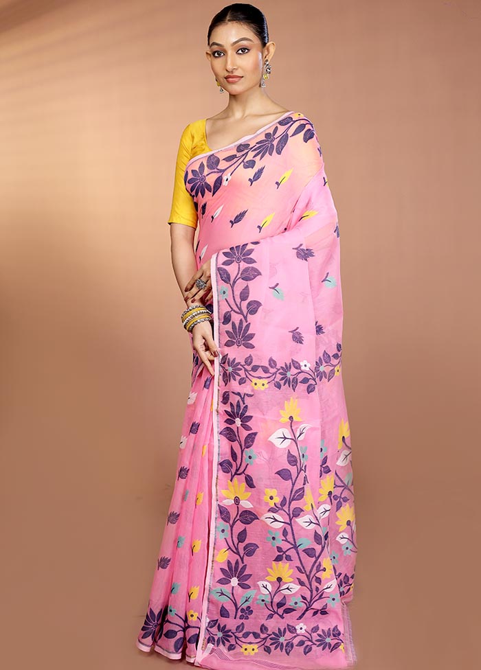 Pink Tant Jamdani Saree Without Blouse Piece