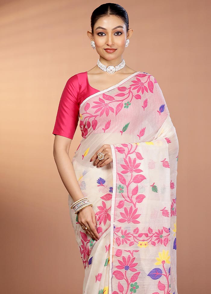 Cream Tant Jamdani Saree Without Blouse Piece