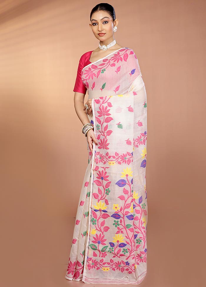 Cream Tant Jamdani Saree Without Blouse Piece