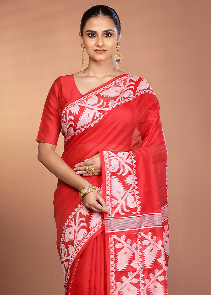 Red Tant Jamdani Saree Without Blouse Piece