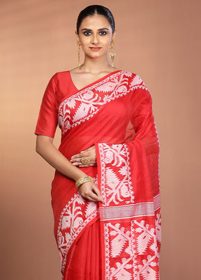 Red Tant Jamdani Saree Without Blouse Piece