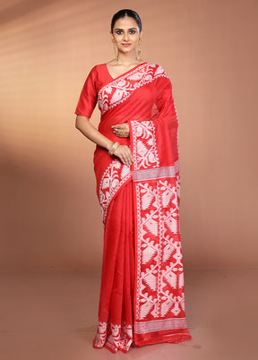 Red Tant Jamdani Saree Without Blouse Piece