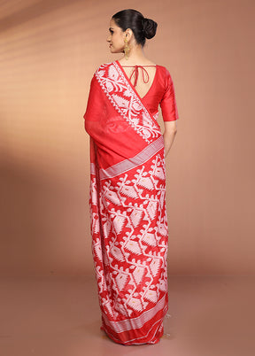 Red Tant Jamdani Saree Without Blouse Piece