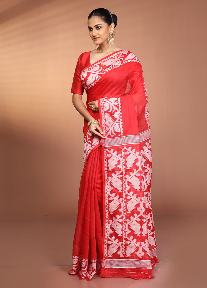 Red Tant Jamdani Saree Without Blouse Piece