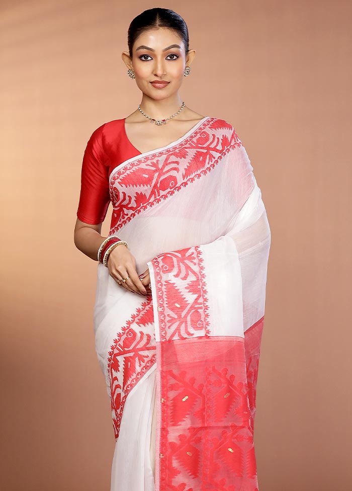 Red Tant Jamdani Saree Without Blouse Piece