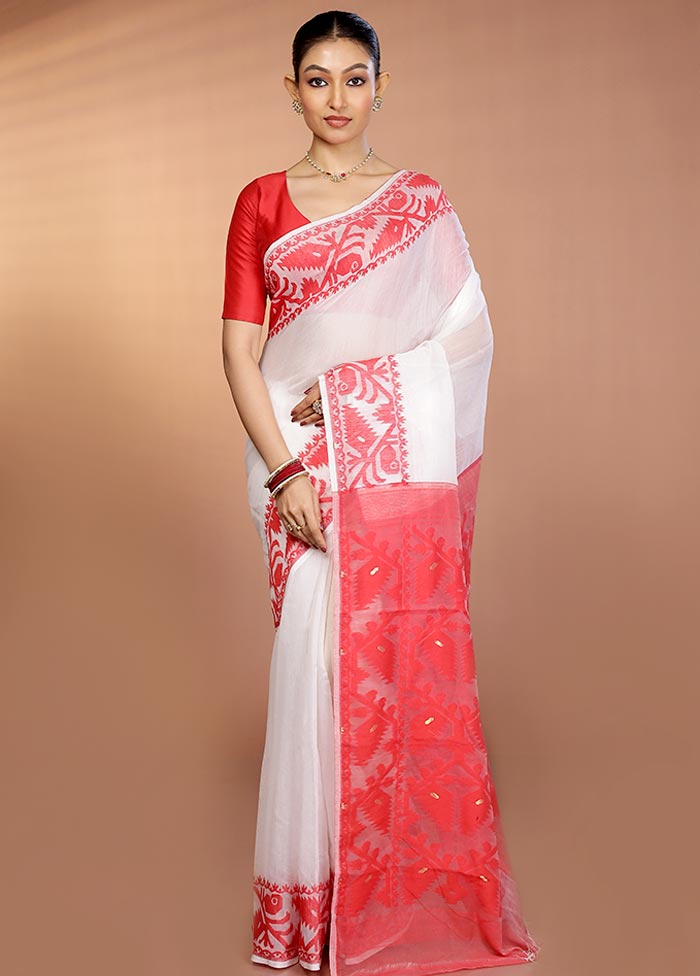 Red Tant Jamdani Saree Without Blouse Piece
