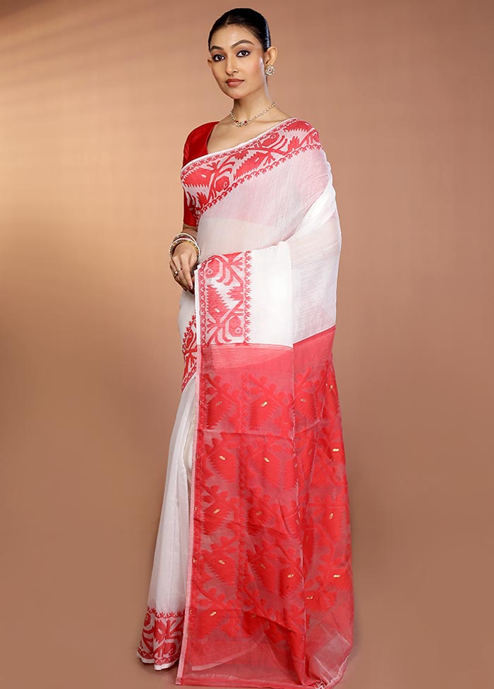 Red Tant Jamdani Saree Without Blouse Piece