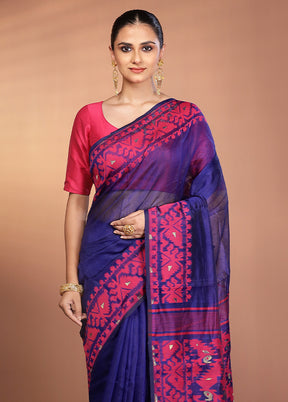 Blue Tant Jamdani Saree Without Blouse Piece