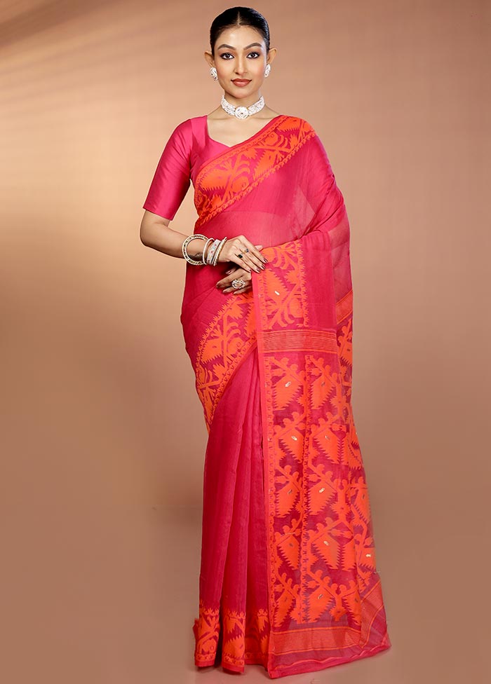 Pink Tant Jamdani Saree Without Blouse Piece