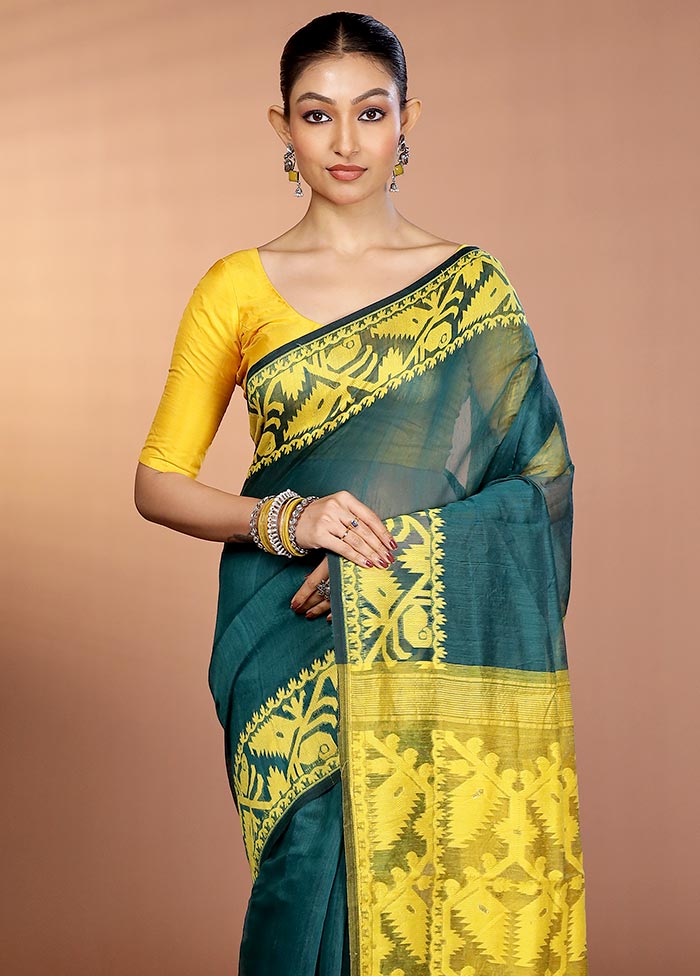 Green Tant Jamdani Saree Without Blouse Piece