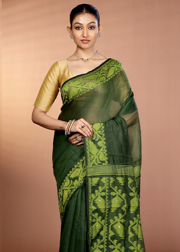 Green Tant Jamdani Saree Without Blouse Piece