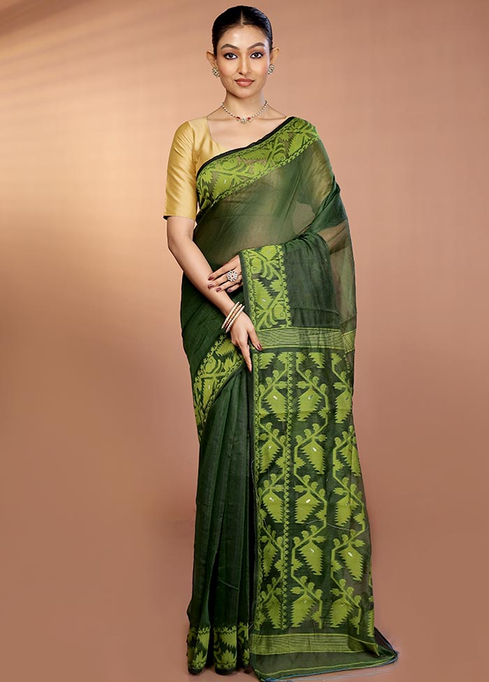 Green Tant Jamdani Saree Without Blouse Piece