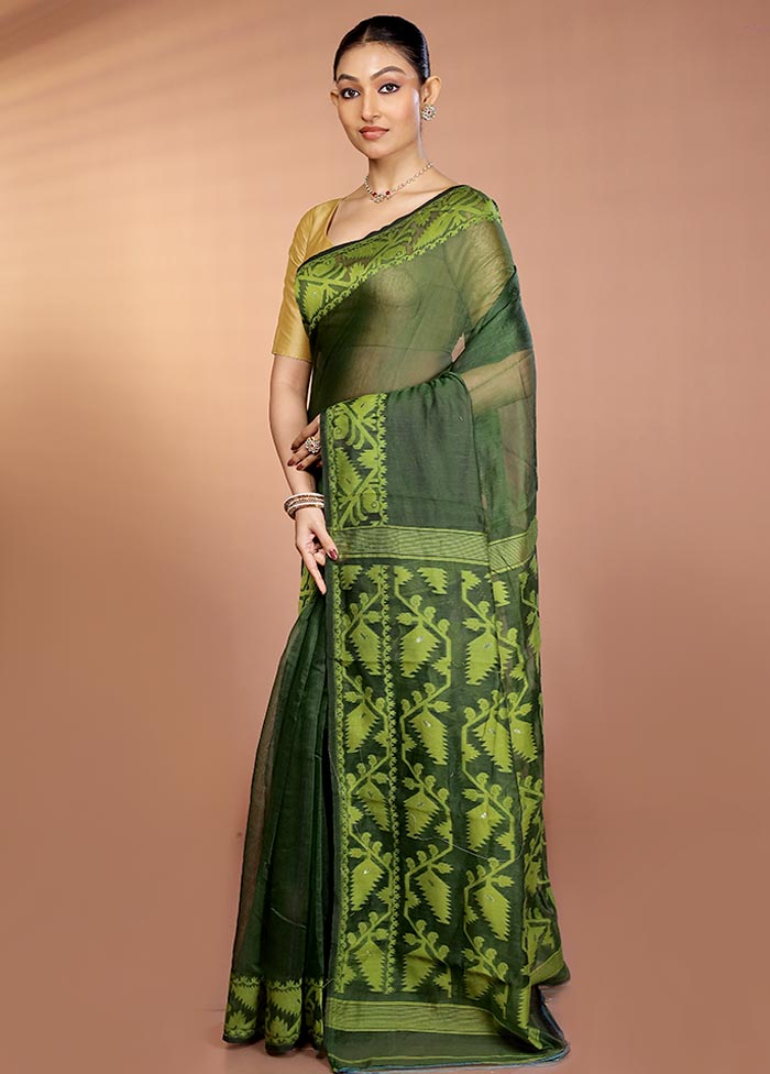 Green Tant Jamdani Saree Without Blouse Piece