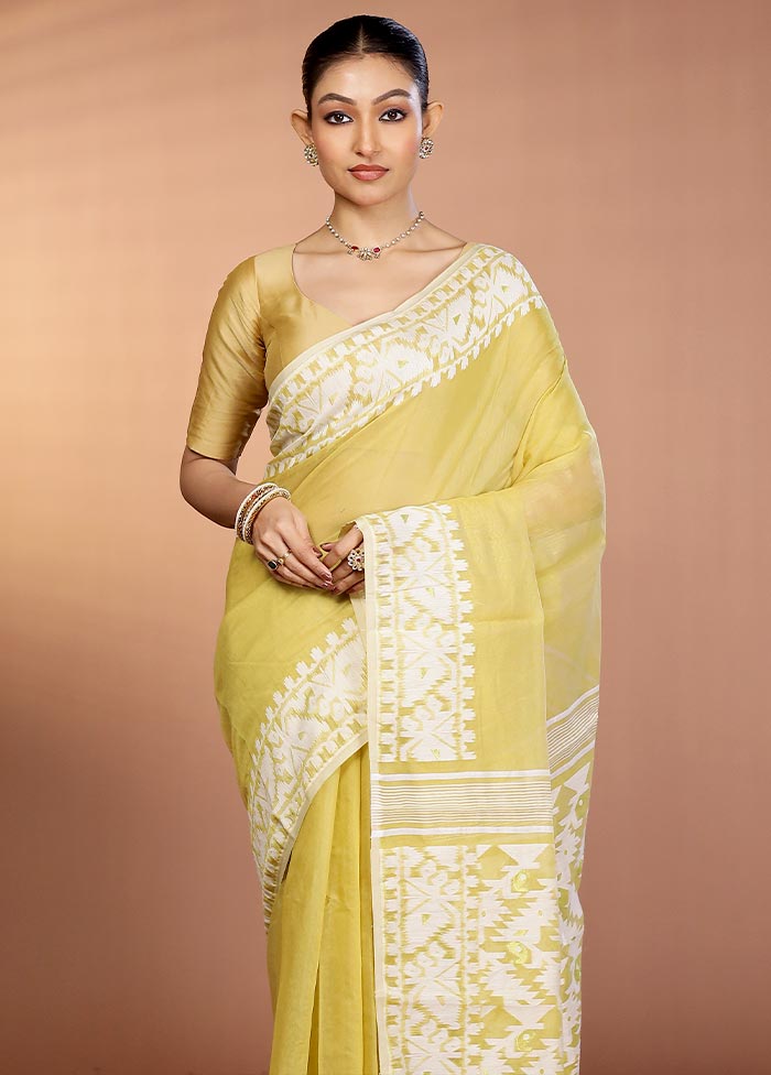 Cream Tant Jamdani Saree Without Blouse Piece