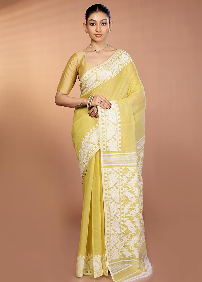 Cream Tant Jamdani Saree Without Blouse Piece