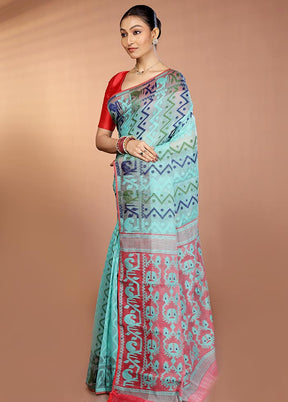 Green Tant Jamdani Saree Without Blouse Piece