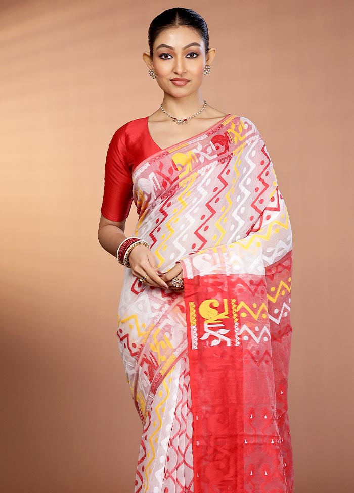 Red Tant Jamdani Saree Without Blouse Piece