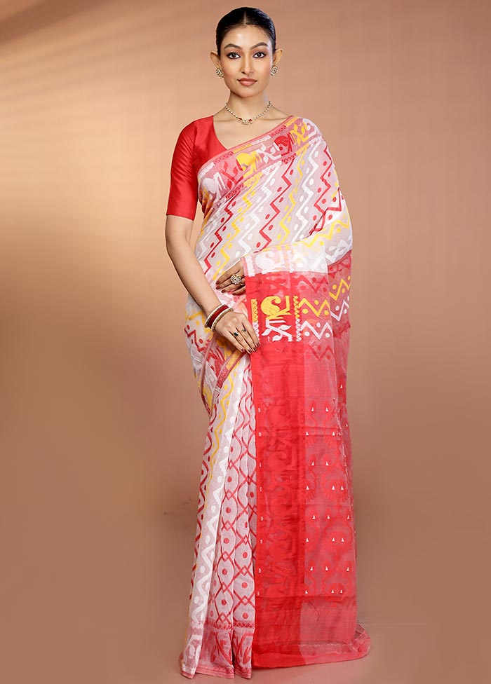 Red Tant Jamdani Saree Without Blouse Piece