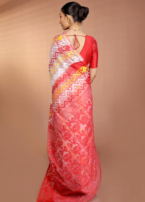 Red Tant Jamdani Saree Without Blouse Piece