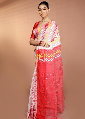 Red Tant Jamdani Saree Without Blouse Piece