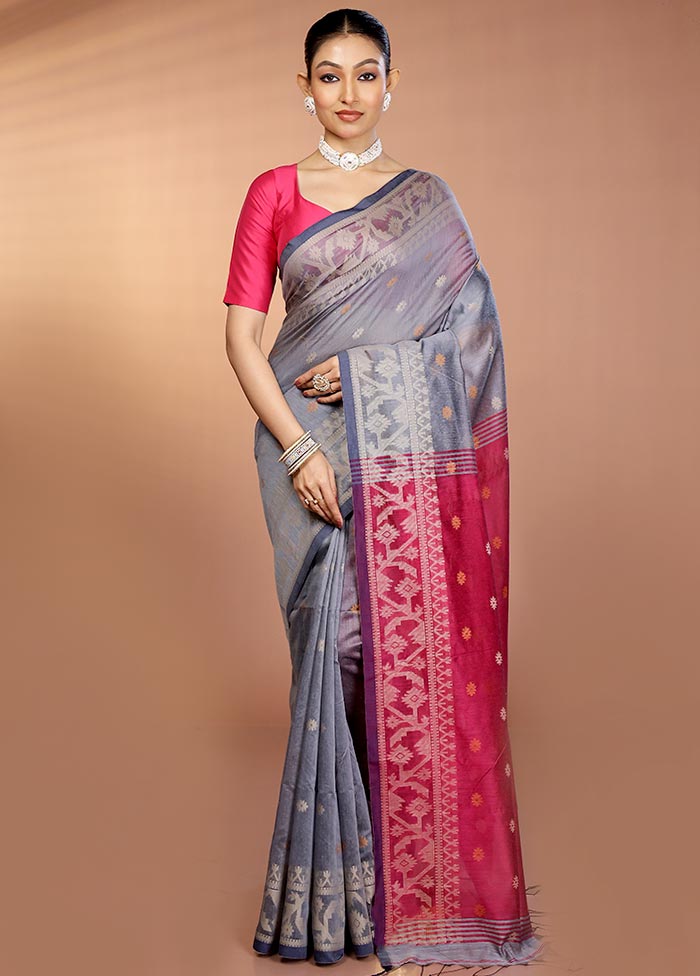 Grey Matka Silk Saree With Blouse Piece