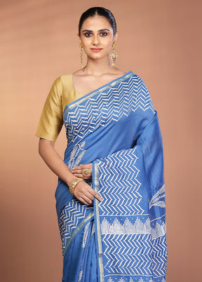 Blue Chanderi Silk Saree With Blouse Piece